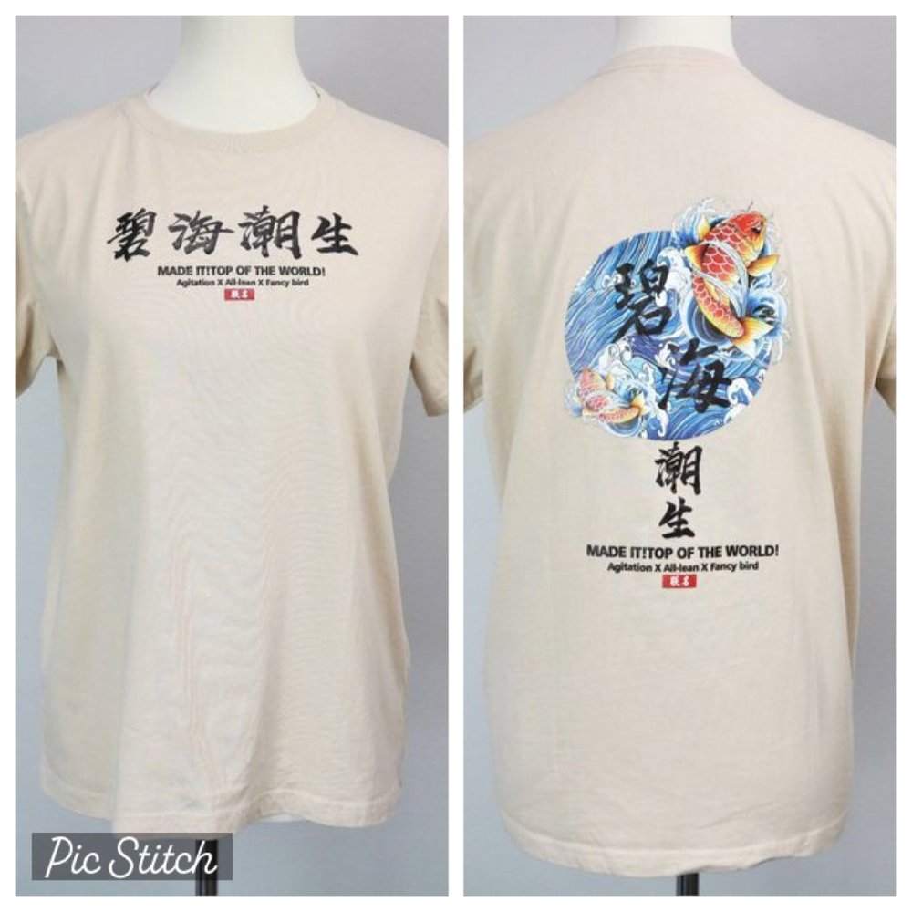 SHEIN Beige Japanese Characters Koi Fish Graphic Print Shirt Women’s Size S